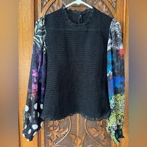 Desigual Black Textured Top with Multicolor Sleeves